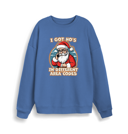 blue christmas sweater with the graphic of santa on the telephone and the slogan 'i got ho's in different area codes'