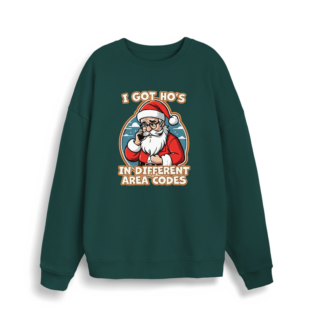 green christmas sweater with the graphic of santa on the telephone and the slogan 'i got ho's in different area codes'