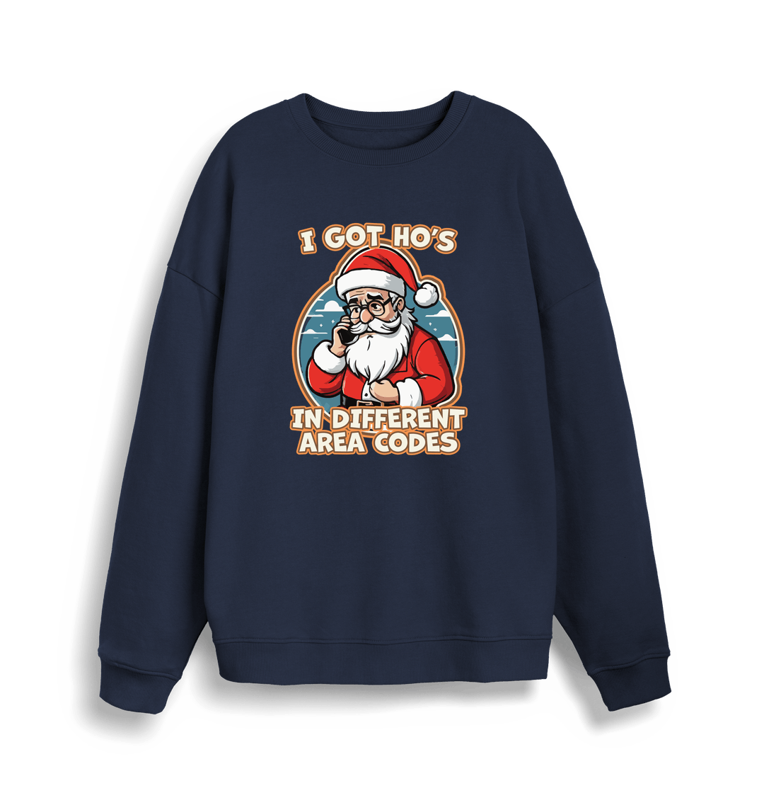 navy christmas sweater with the graphic of santa on the telephone and the slogan 'i got ho's in different area codes'