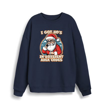 navy christmas sweater with the graphic of santa on the telephone and the slogan 'i got ho's in different area codes'