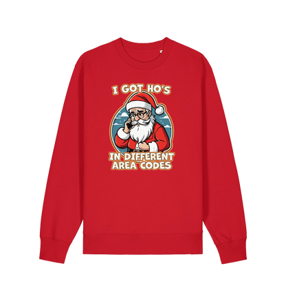 red christmas sweater with the graphic of santa on the telephone and the slogan 'i got ho's in different area codes'