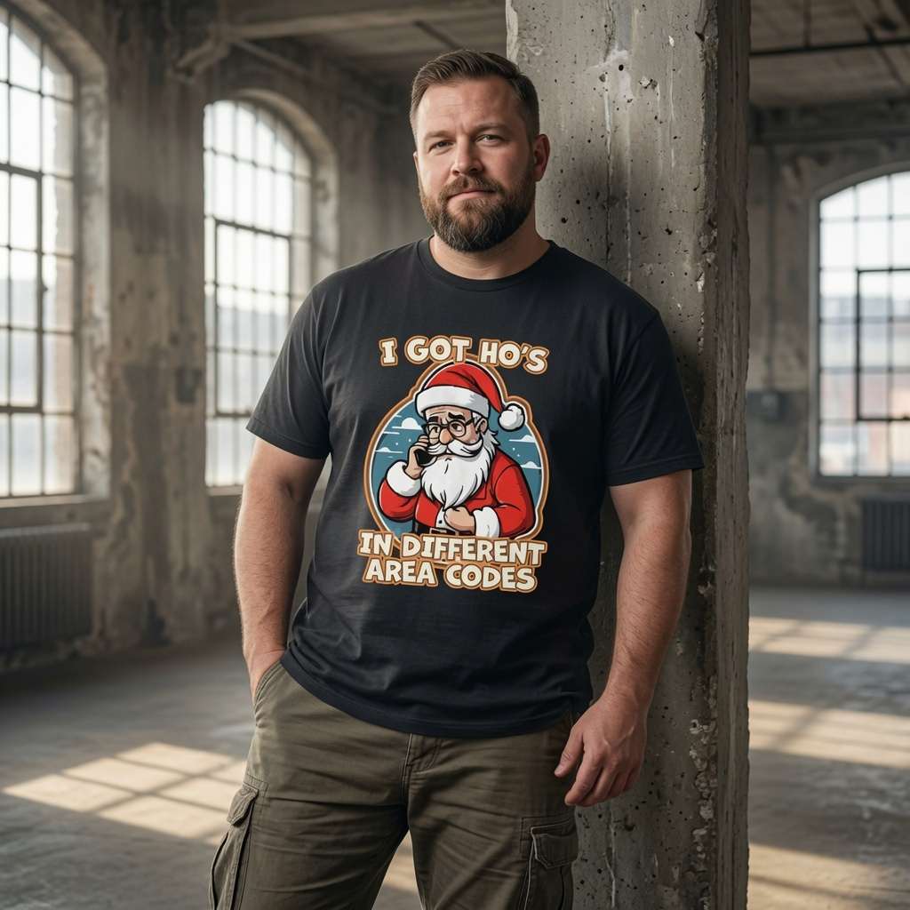 Bearded man leaning on pillar in black I Got Ho’s in Different Area Codes tee with Santa phone graphic, funny rude mens santa pun