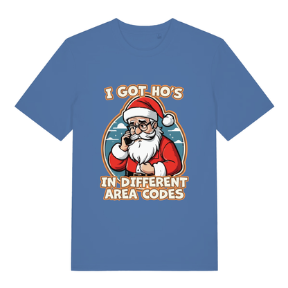 Blue I Got Ho’s funny graphic t-shirt featuring cheeky Santa holding phone and “I GOT HO’S IN DIFFERENT AREA CODES” text  