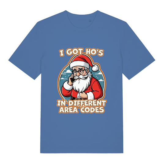 Blue I Got Ho’s funny graphic t-shirt featuring cheeky Santa holding phone and “I GOT HO’S IN DIFFERENT AREA CODES” text  