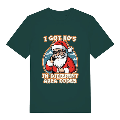 Green I Got Ho’s funny graphic t-shirt showing festive Santa on call with “I GOT HO’S IN DIFFERENT AREA CODES” lettering  