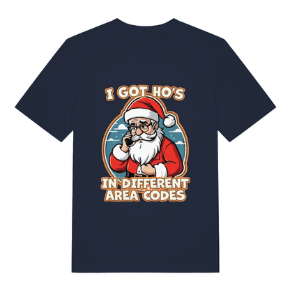 Navy I Got Ho’s funny graphic t-shirt with cool Santa graphic and witty “I GOT HO’S IN DIFFERENT AREA CODES” design  