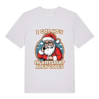 White I Got Ho’s funny graphic t-shirt displaying Santa on the phone and bold “I GOT HO’S IN DIFFERENT AREA CODES” slogan  