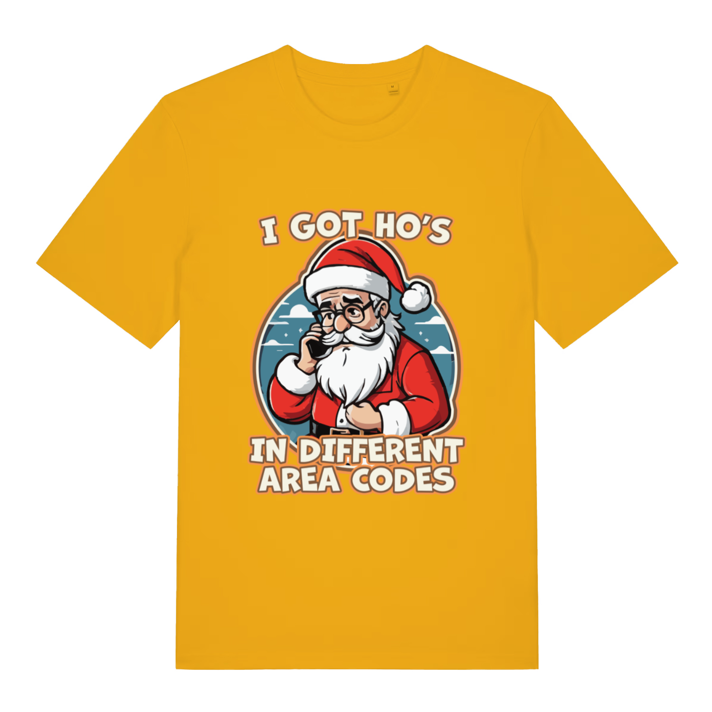 Yellow I Got Ho’s funny graphic t-shirt featuring vibrant Santa illustration and “I GOT HO’S IN DIFFERENT AREA CODES” Christmas pun  