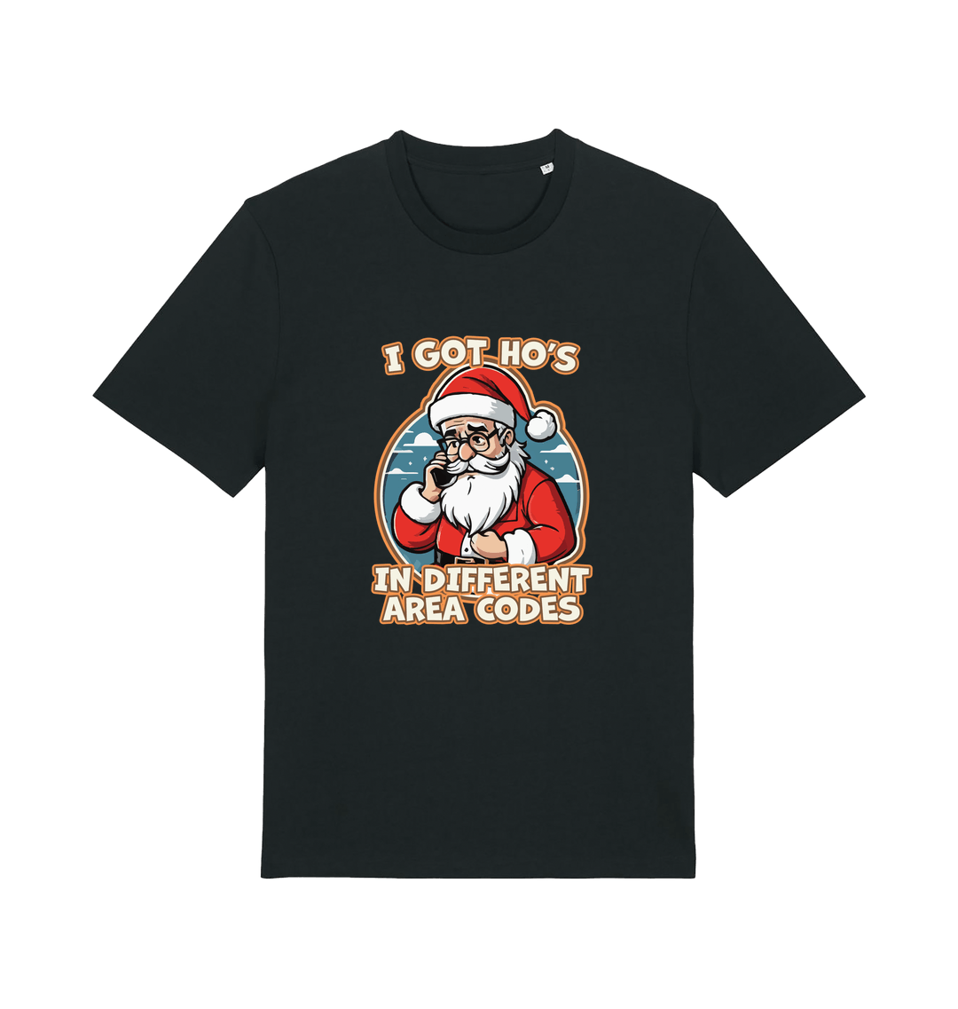 black christmas t-shirt with the graphic of santa claus on the telephone and the slogan 'i got ho's in different area codes'
