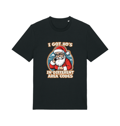 black christmas t-shirt with the graphic of santa claus on the telephone and the slogan 'i got ho's in different area codes'
