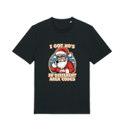 black christmas t-shirt with the graphic of santa claus on the telephone and the slogan 'i got ho's in different area codes'