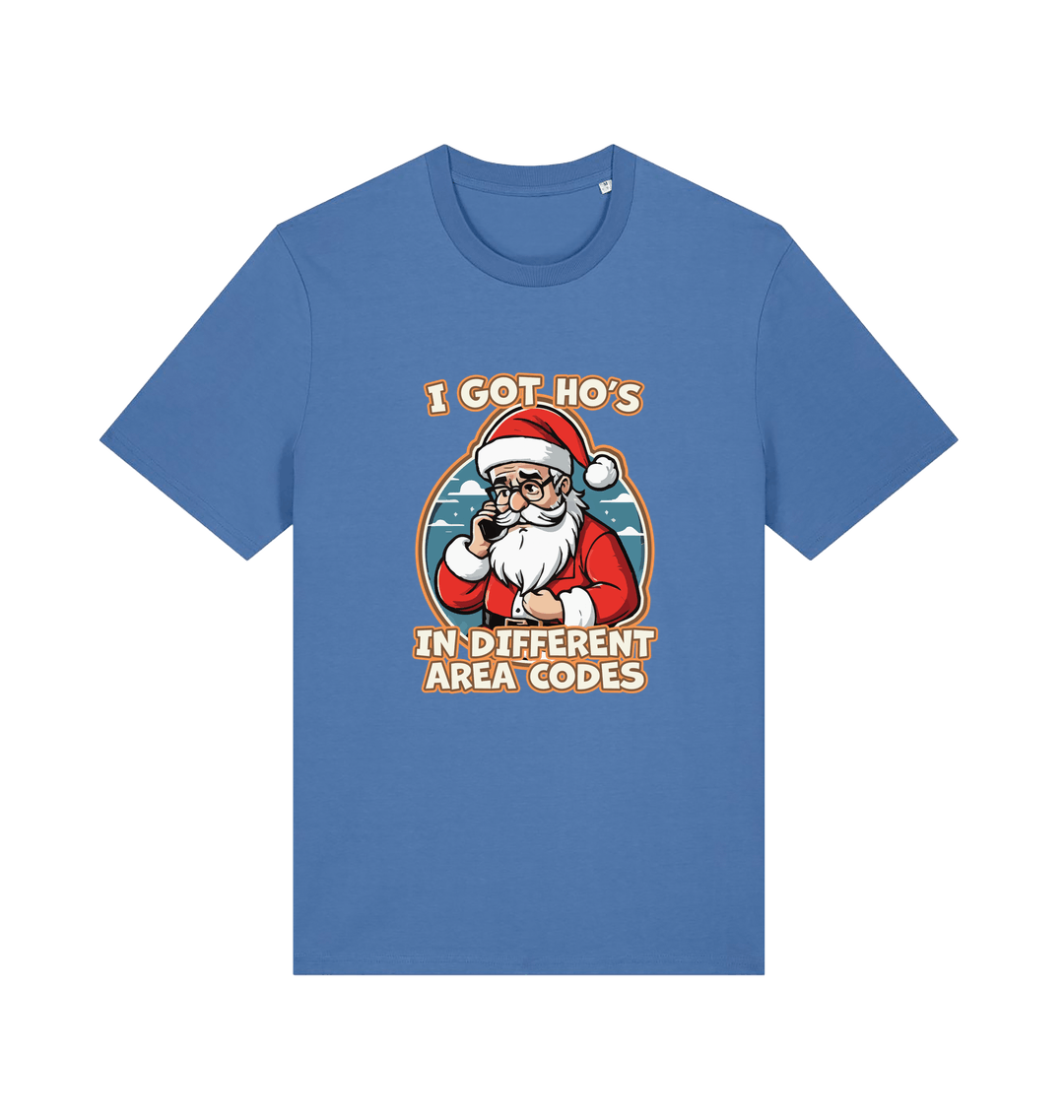 blue christmas t-shirt with the graphic of santa claus on the telephone and the slogan 'i got ho's in different area codes'