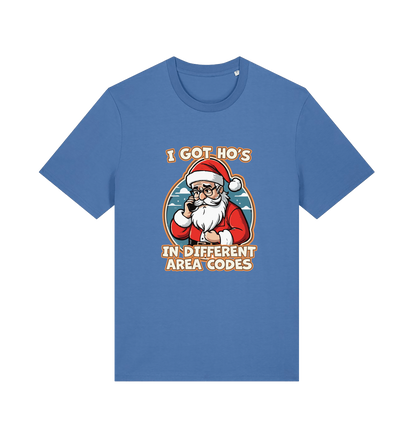 blue christmas t-shirt with the graphic of santa claus on the telephone and the slogan 'i got ho's in different area codes'