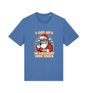 blue christmas t-shirt with the graphic of santa claus on the telephone and the slogan 'i got ho's in different area codes'