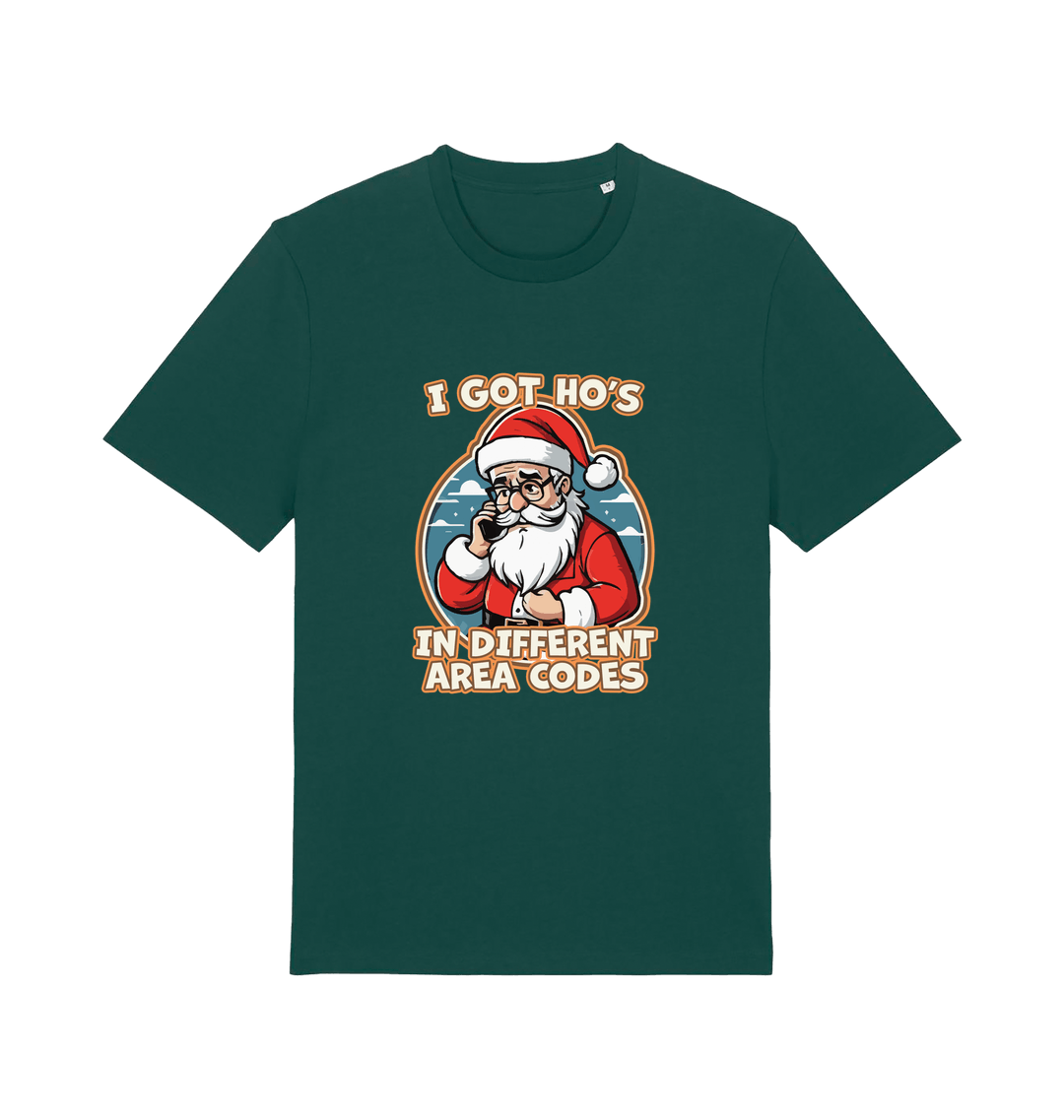 green christmas t-shirt with the graphic of santa claus on the telephone and the slogan 'i got ho's in different area codes'