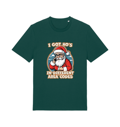 green christmas t-shirt with the graphic of santa claus on the telephone and the slogan 'i got ho's in different area codes'