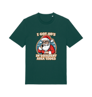 green christmas t-shirt with the graphic of santa claus on the telephone and the slogan 'i got ho's in different area codes'