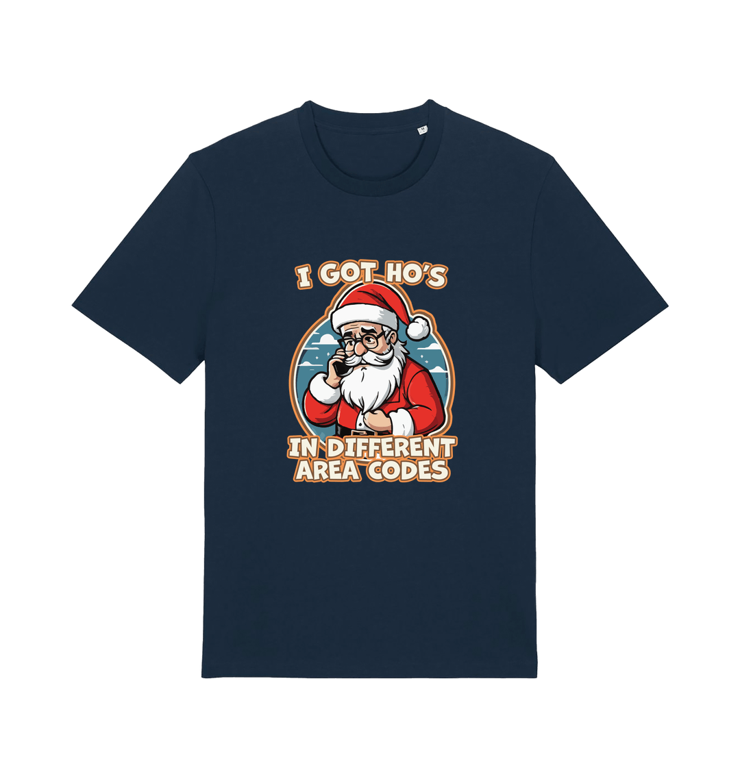 navy christmas t-shirt with the graphic of santa claus on the telephone and the slogan 'i got ho's in different area codes'