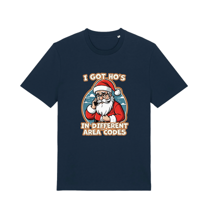 navy christmas t-shirt with the graphic of santa claus on the telephone and the slogan 'i got ho's in different area codes'