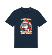 navy christmas t-shirt with the graphic of santa claus on the telephone and the slogan 'i got ho's in different area codes'