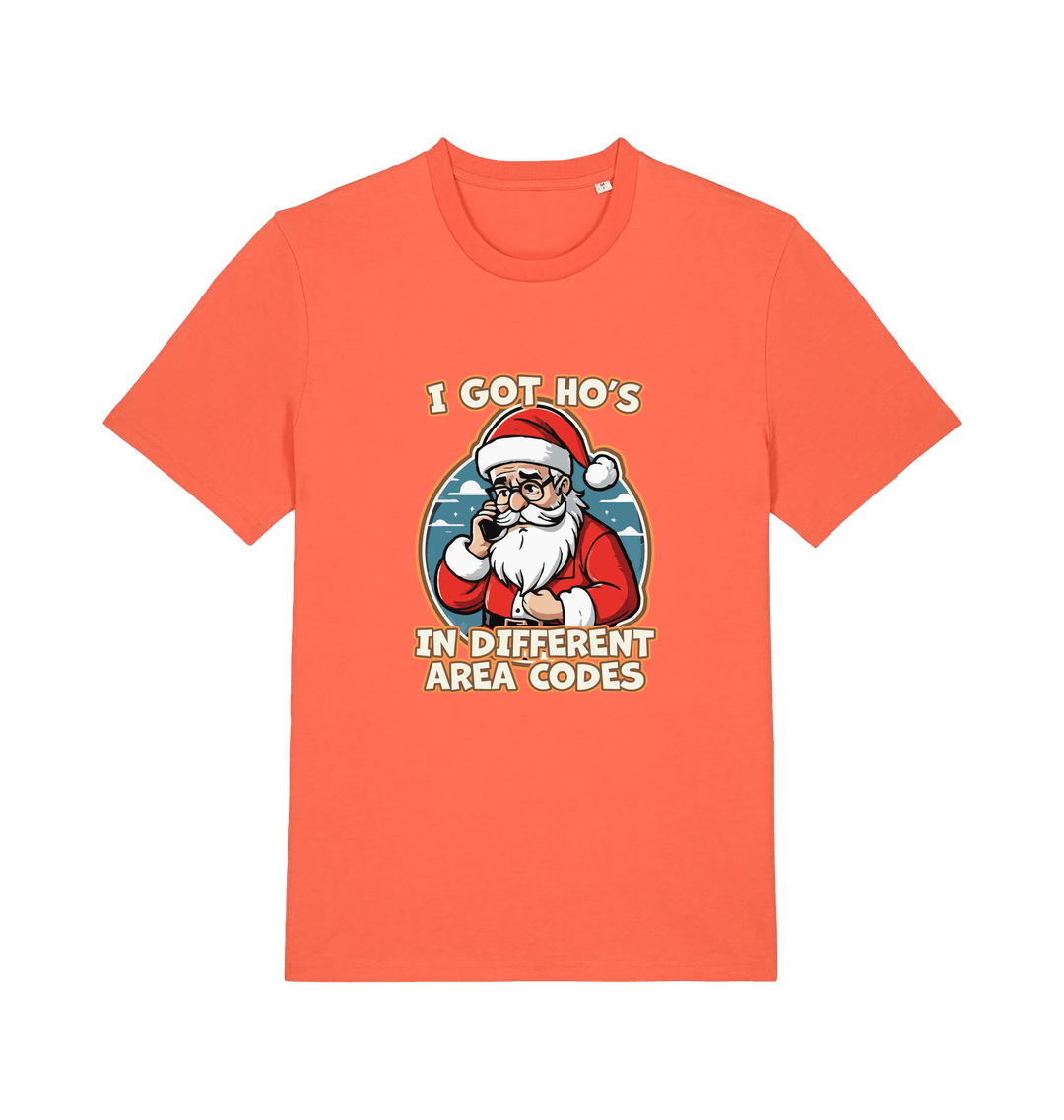 orange christmas t-shirt with the graphic of santa claus on the telephone and the slogan 'i got ho's in different area codes'