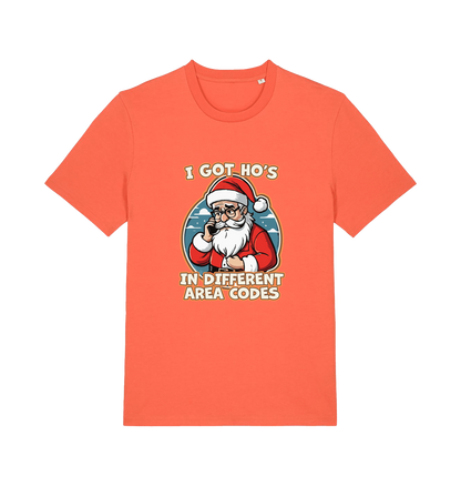 orange christmas t-shirt with the graphic of santa claus on the telephone and the slogan 'i got ho's in different area codes'