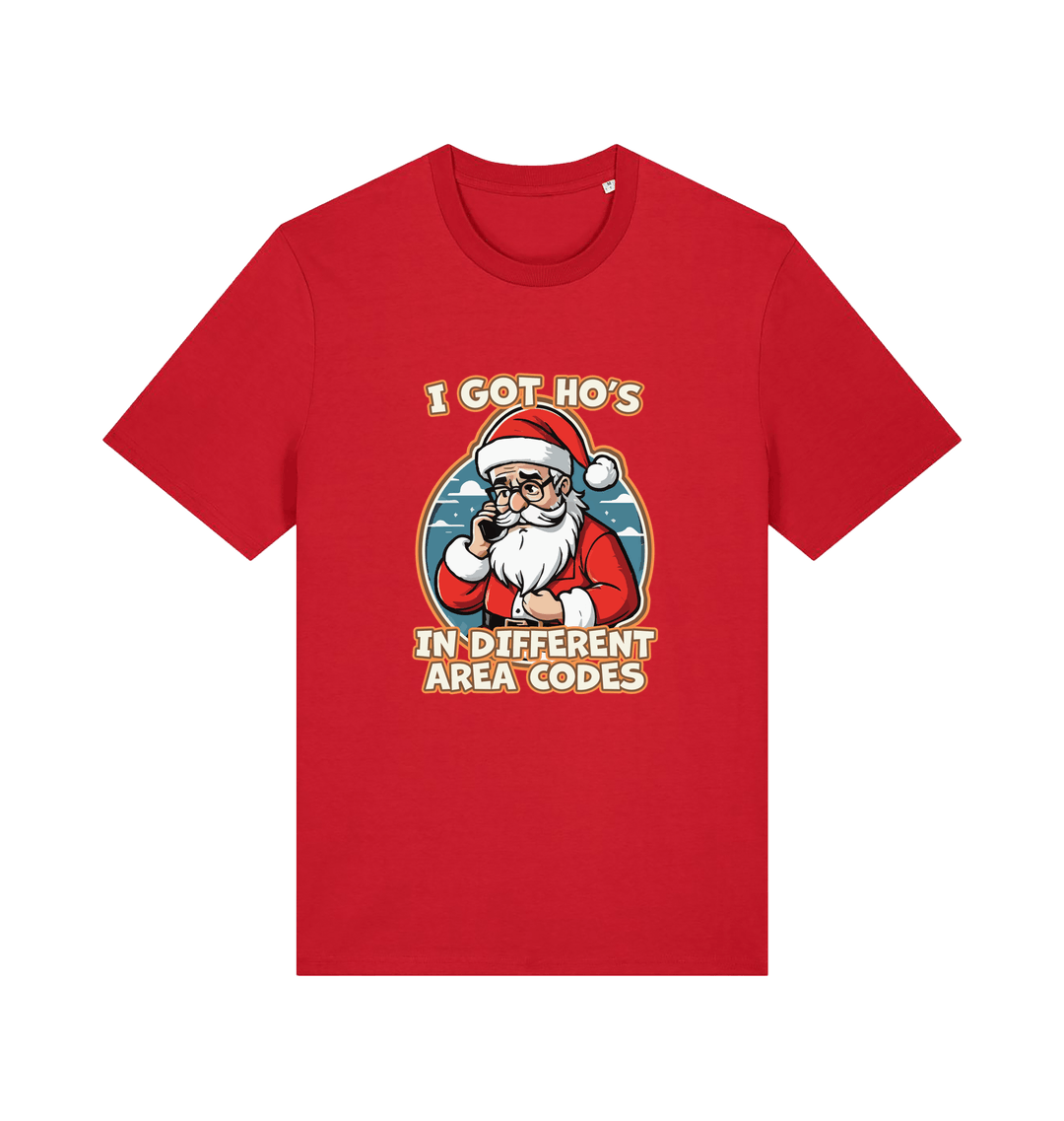 red christmas t-shirt with the graphic of santa claus on the telephone and the slogan 'i got ho's in different area codes'