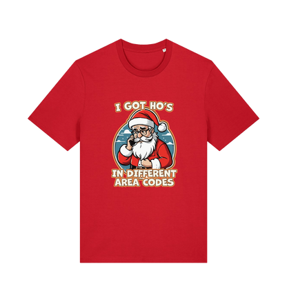 red christmas t-shirt with the graphic of santa claus on the telephone and the slogan 'i got ho's in different area codes'