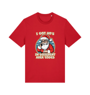 red christmas t-shirt with the graphic of santa claus on the telephone and the slogan 'i got ho's in different area codes'