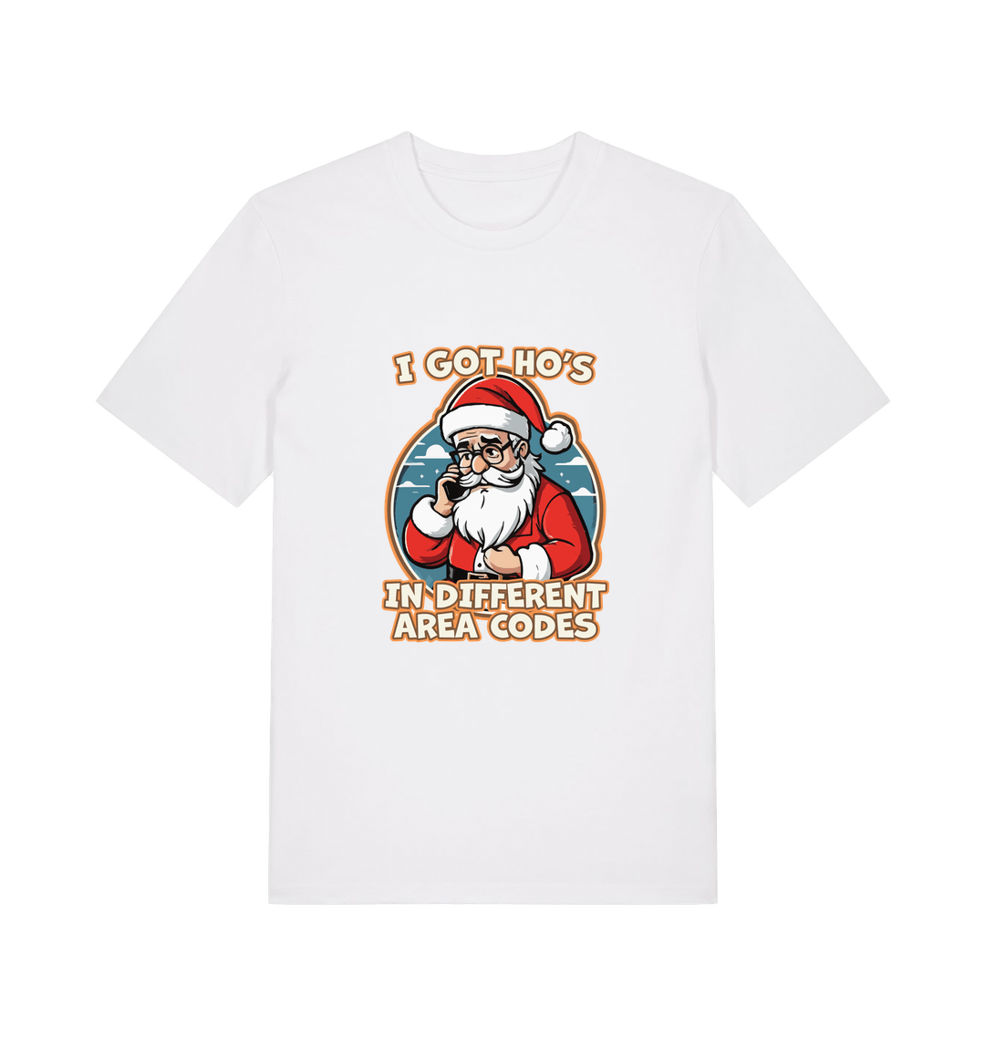 white christmas t-shirt with the graphic of santa claus on the telephone and the slogan 'i got ho's in different area codes'