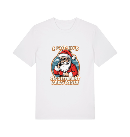 white christmas t-shirt with the graphic of santa claus on the telephone and the slogan 'i got ho's in different area codes'
