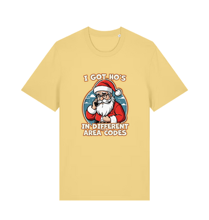 yellow christmas t-shirt with the graphic of santa claus on the telephone and the slogan 'i got ho's in different area codes'