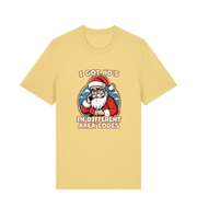 yellow christmas t-shirt with the graphic of santa claus on the telephone and the slogan 'i got ho's in different area codes'
