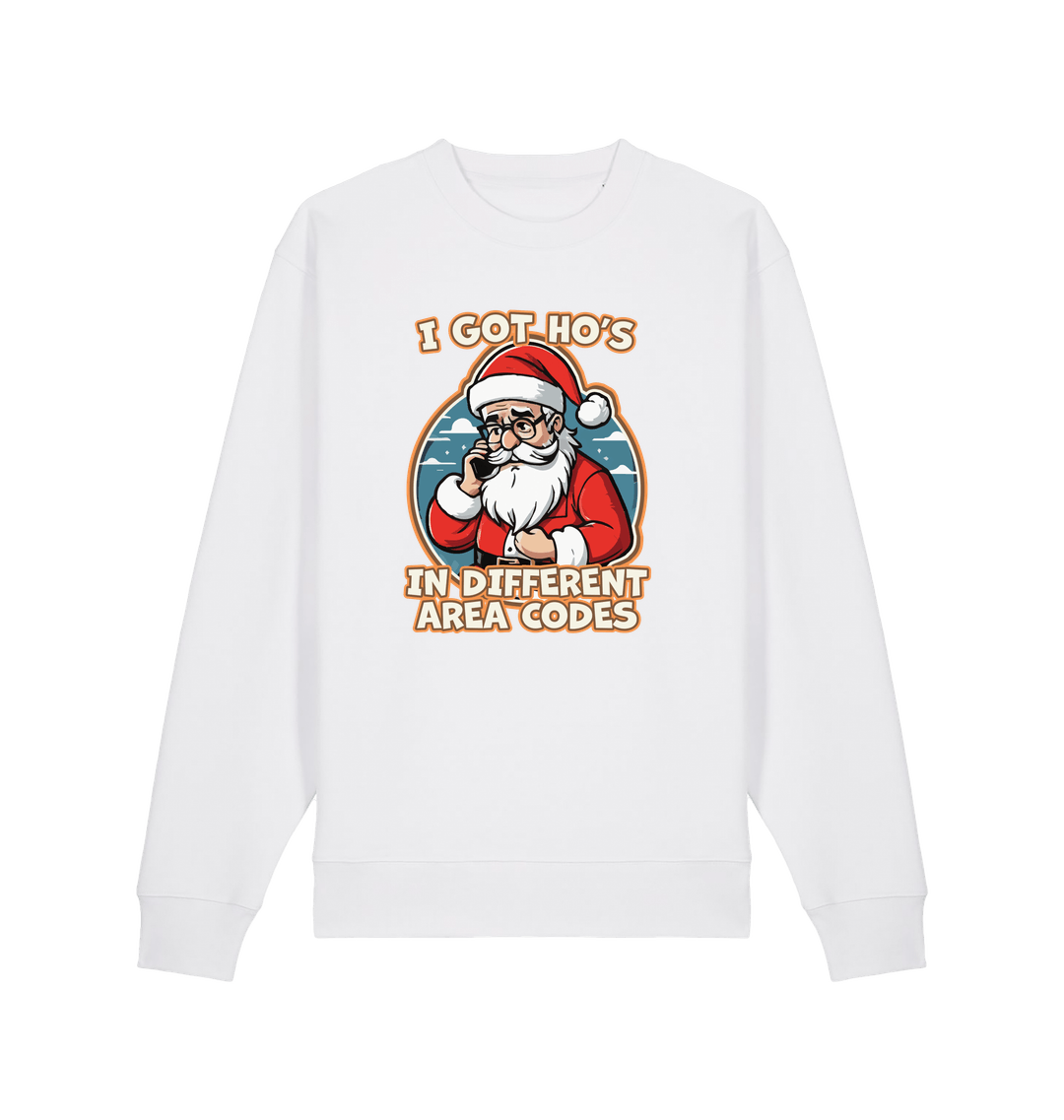 white christmas sweater with the graphic of santa on the telephone and the slogan 'i got ho's in different area codes'