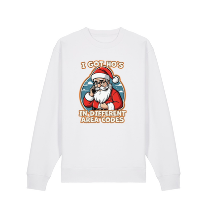 white christmas sweater with the graphic of santa on the telephone and the slogan 'i got ho's in different area codes'