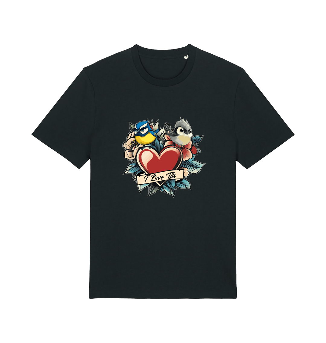 black funny offensive t-shirt with the graphic of some garden birds and the slogan 'i love tits'