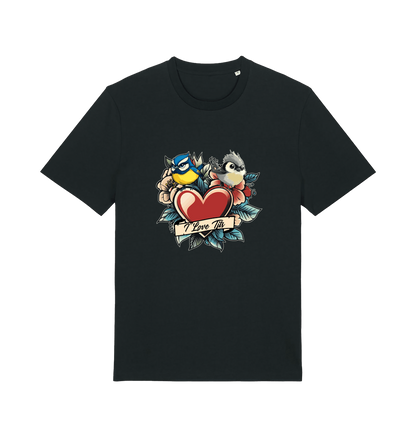 black funny offensive t-shirt with the graphic of some garden birds and the slogan 'i love tits'