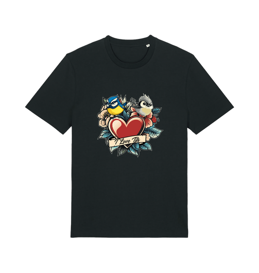 black funny offensive t-shirt with the graphic of some garden birds and the slogan 'i love tits'