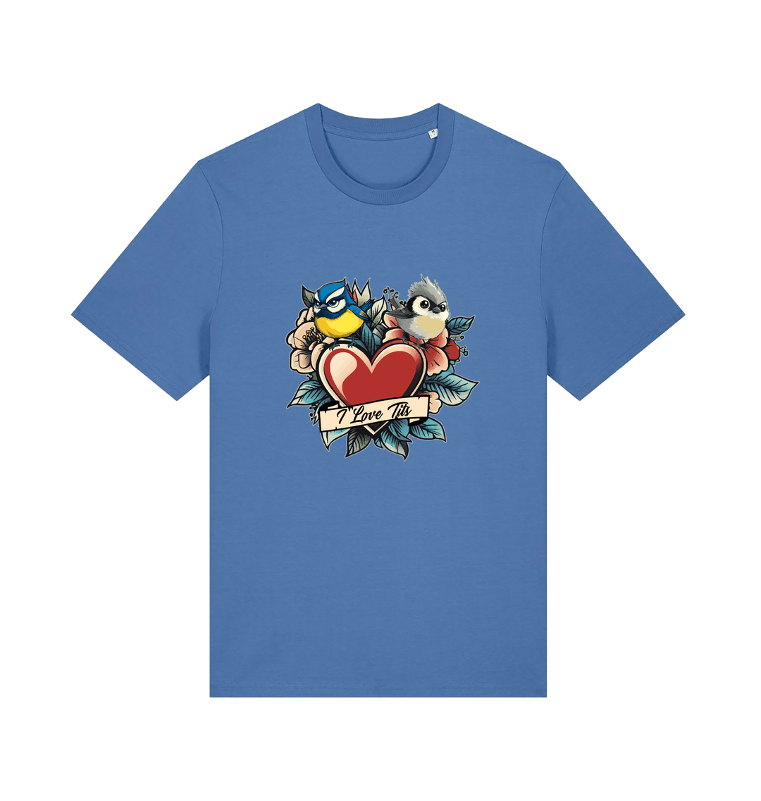 blue funny offensive t-shirt with the graphic of some garden birds and the slogan 'i love tits'