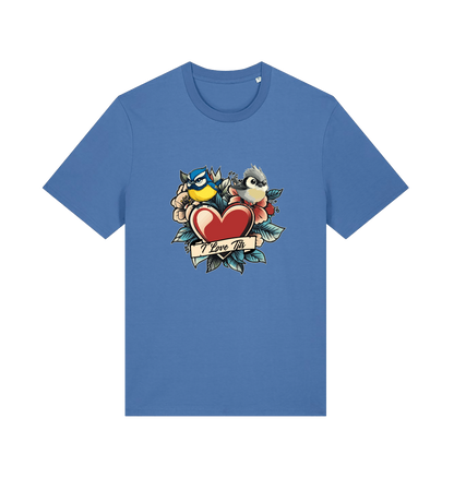 blue funny offensive t-shirt with the graphic of some garden birds and the slogan 'i love tits'