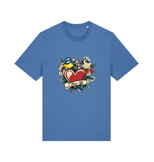 blue funny offensive t-shirt with the graphic of some garden birds and the slogan 'i love tits'
