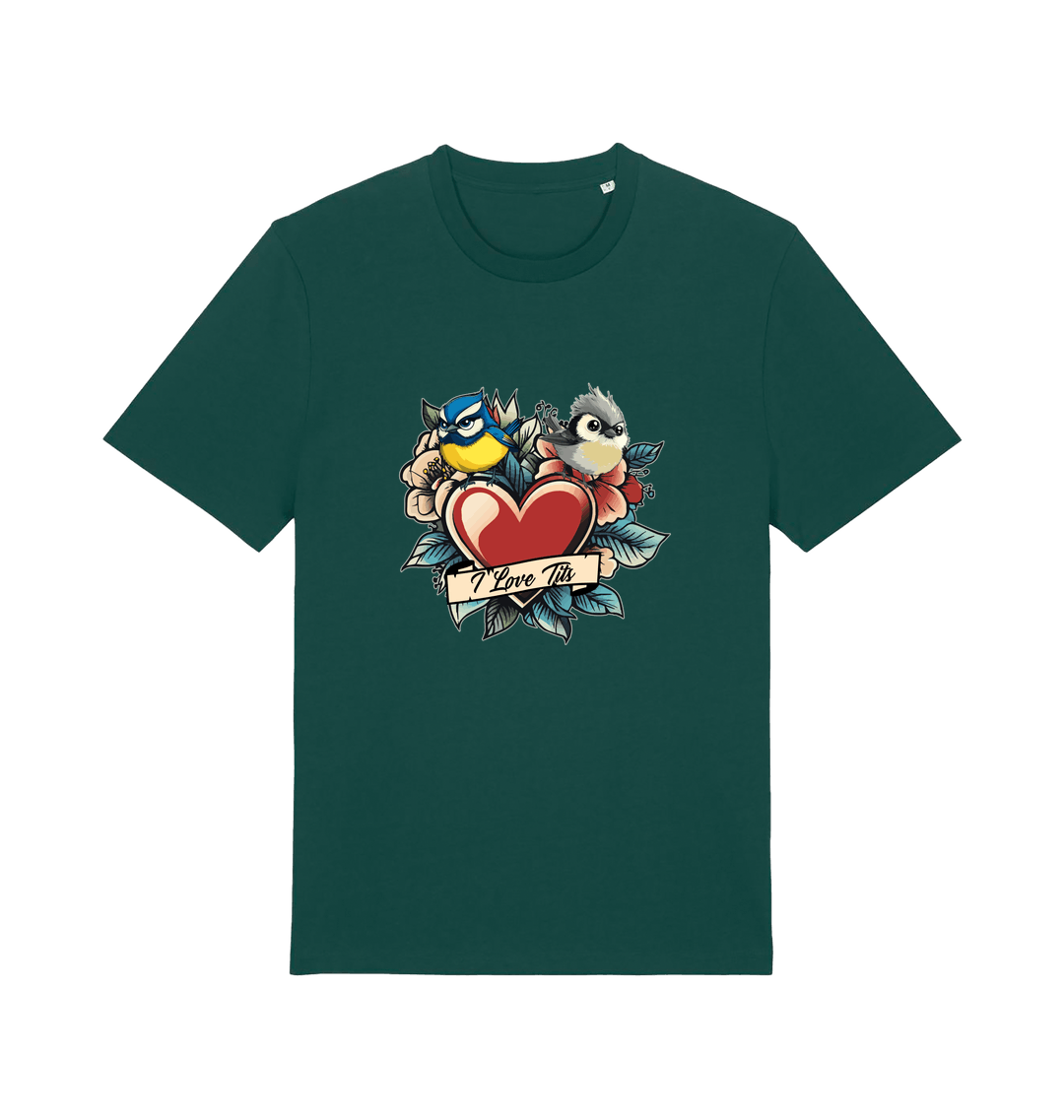 green funny offensive t-shirt with the graphic of some garden birds and the slogan 'i love tits'