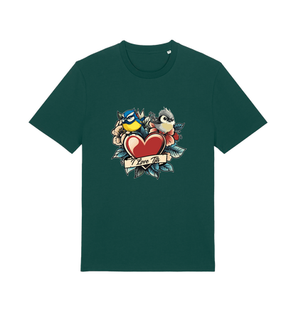 green funny offensive t-shirt with the graphic of some garden birds and the slogan 'i love tits'