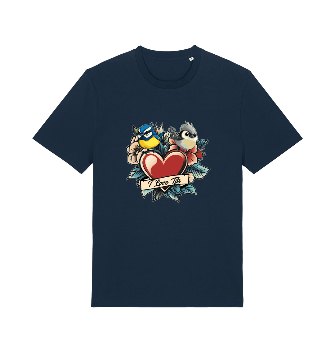 navy funny offensive t-shirt with the graphic of some garden birds and the slogan 'i love tits'