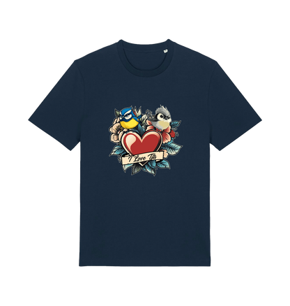 navy funny offensive t-shirt with the graphic of some garden birds and the slogan 'i love tits'