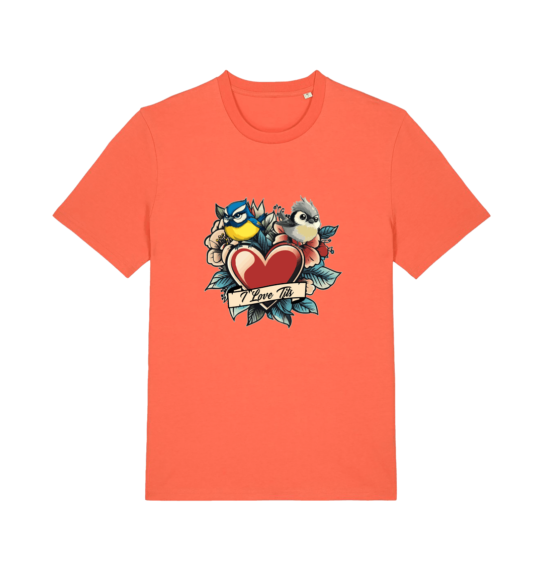 orange funny offensive t-shirt with the graphic of some garden birds and the slogan 'i love tits'