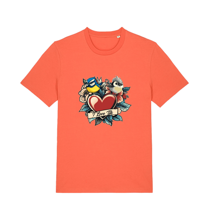 orange funny offensive t-shirt with the graphic of some garden birds and the slogan 'i love tits'