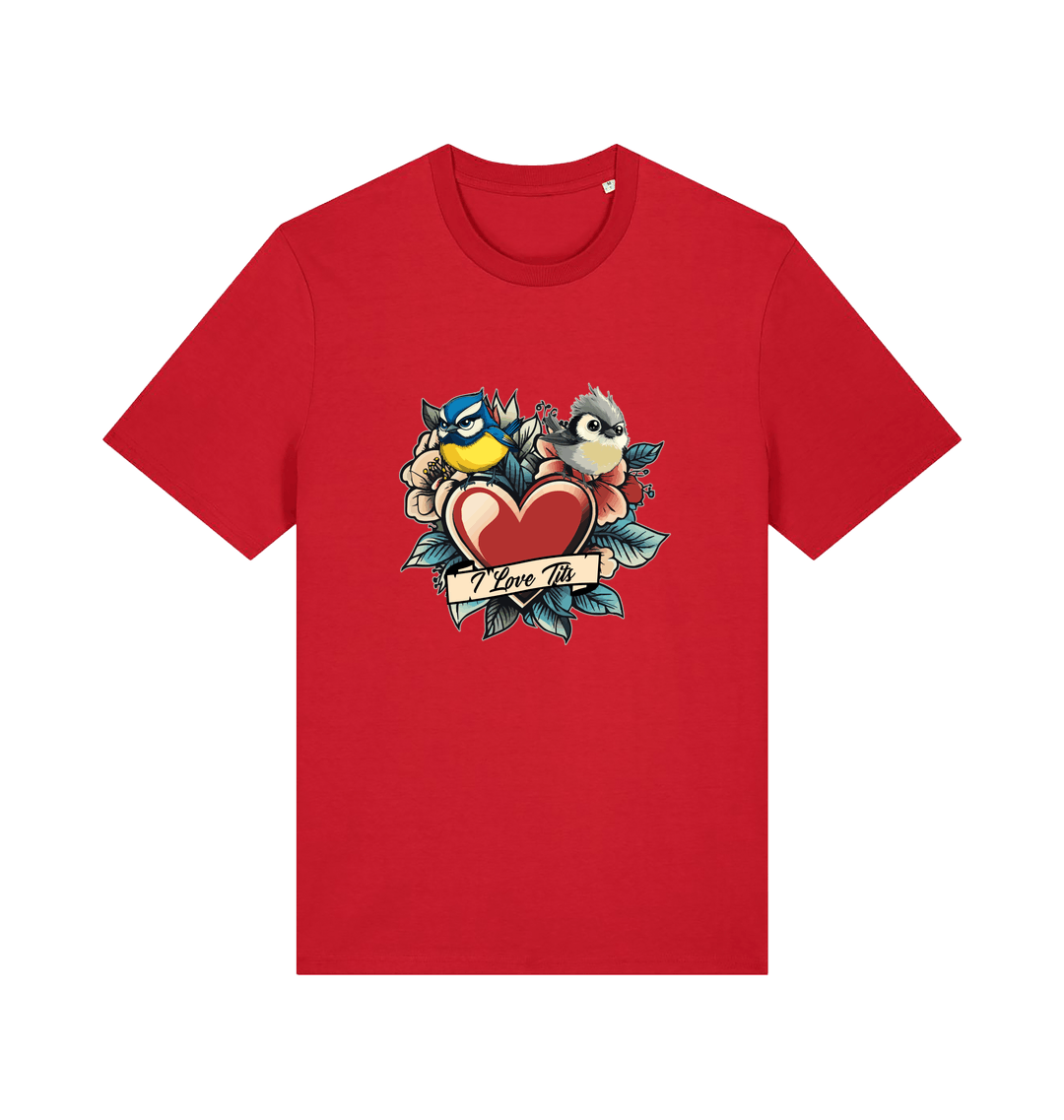 red funny offensive t-shirt with the graphic of some garden birds and the slogan 'i love tits'