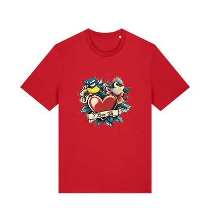 red funny offensive t-shirt with the graphic of some garden birds and the slogan 'i love tits'