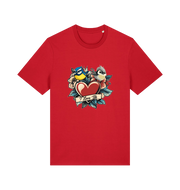 red funny offensive t-shirt with the graphic of some garden birds and the slogan 'i love tits'
